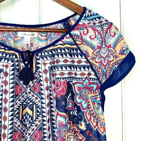 John Paul Richard Boho Bohemian Paisley Peasant Blouse Short Sleeves Sz M - Picture 3 of 11
